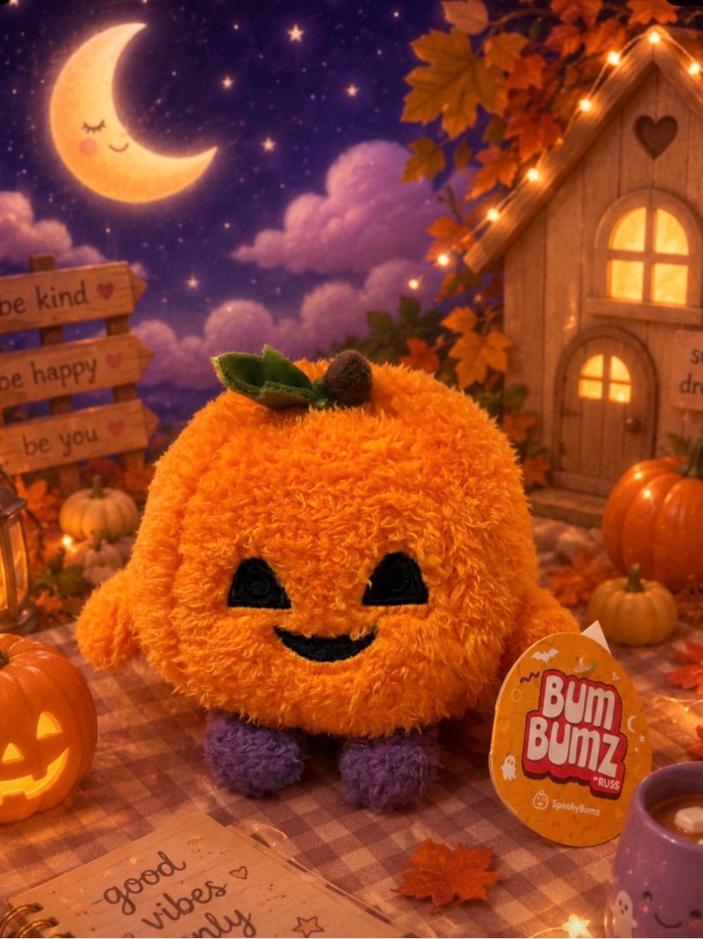4.5 BumBumz Orange Plush Pumpkin with Purple Feet and Green Leaf